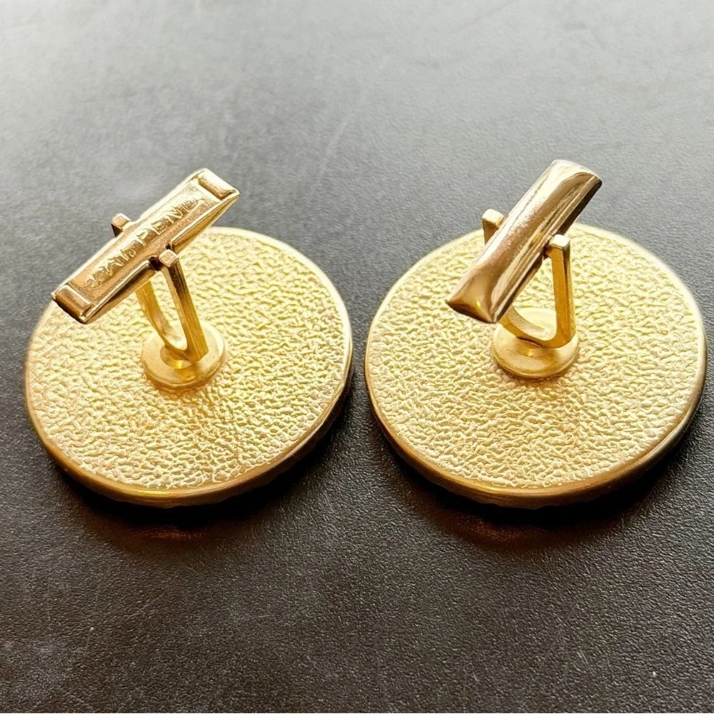 Vintage Pearl Cream Faux Moonstone Cabochon Cuff Link Set Gold Crimped Edges